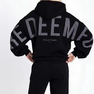 REDEEMED Black Graphic Hoodie with Galatians Print Oversized Sz S